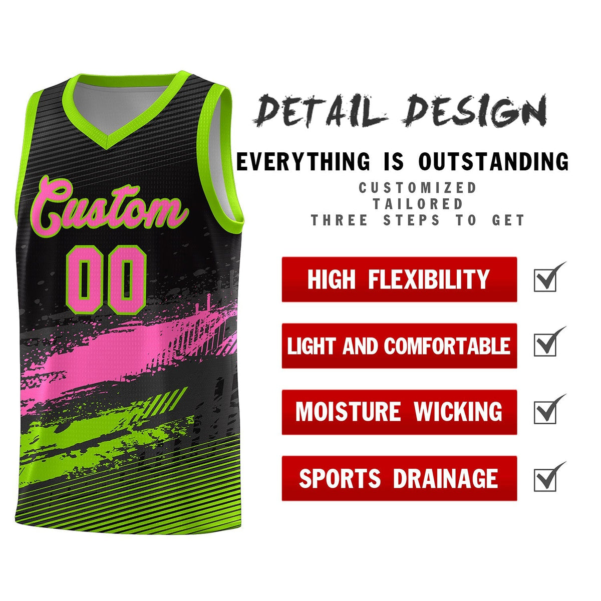 Custom Black Pink and Neon Green Graffiti Pattern Sports Uniform Basketball Jersey|KXKSHOP