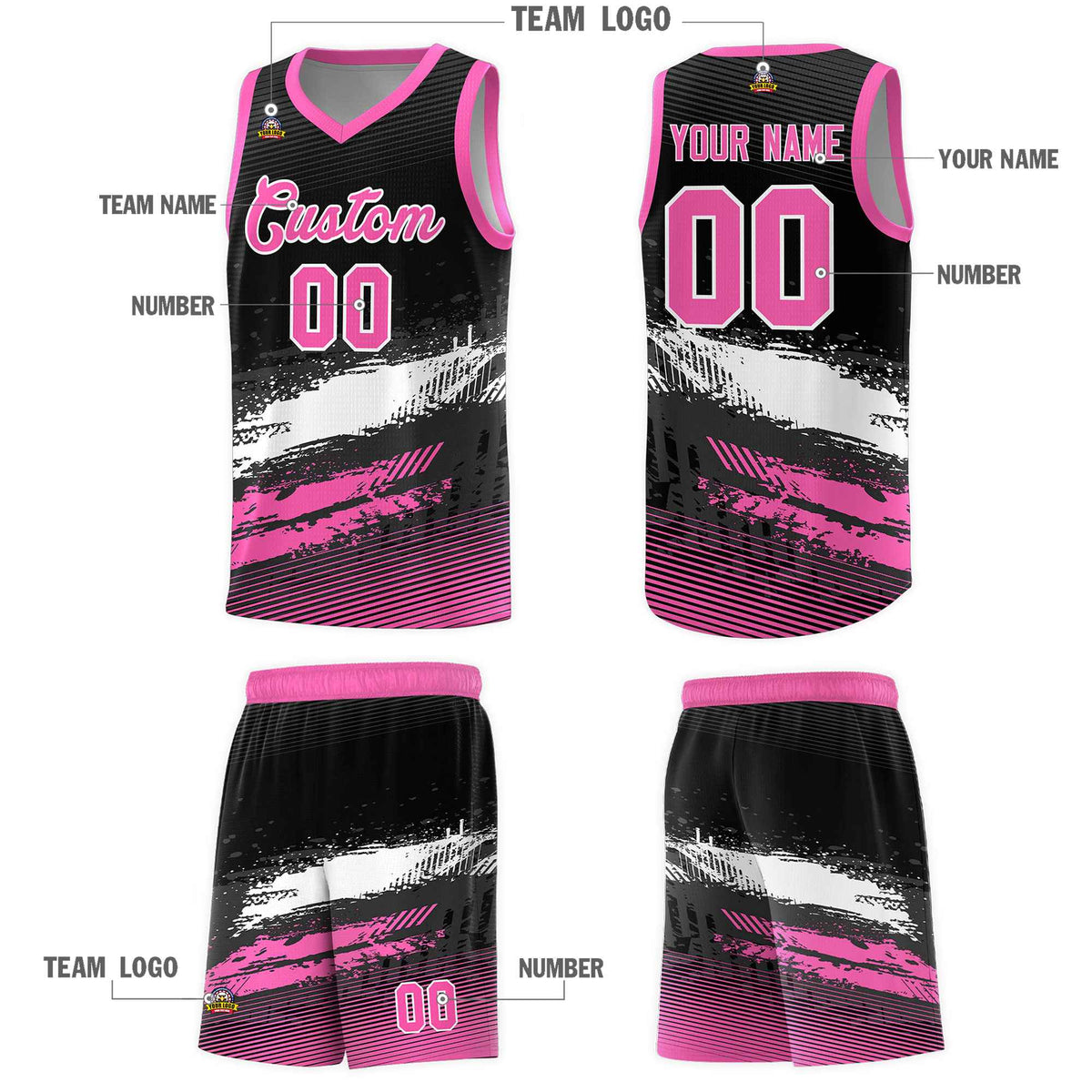 Custom Black White and Pink Graffiti Pattern Sports Uniform Basketball Jersey|KXKSHOP