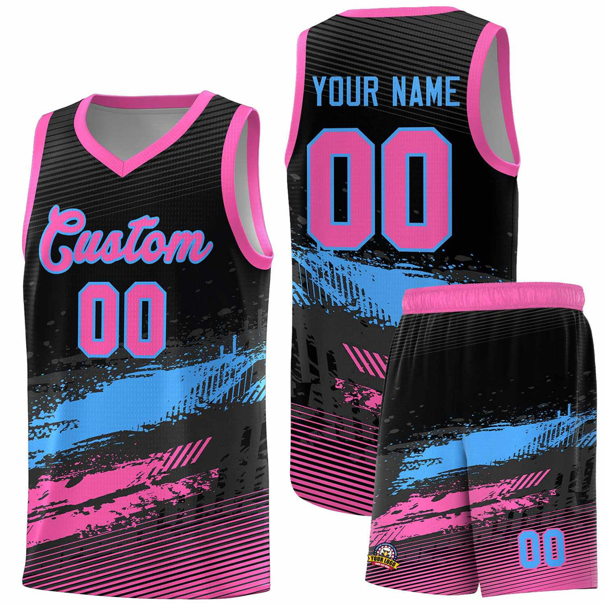 Custom Black Powder Blue and Pink Graffiti Pattern Sports Uniform Basketball Jersey|KXKSHOP