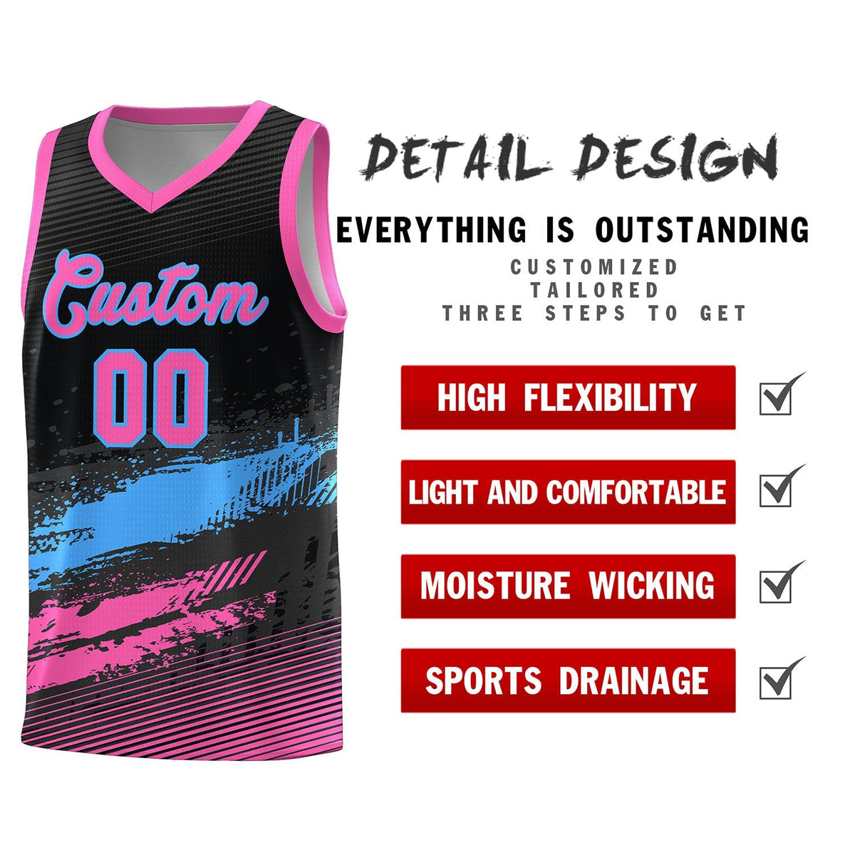 Custom Black Powder Blue and Pink Graffiti Pattern Sports Uniform Basketball Jersey|KXKSHOP