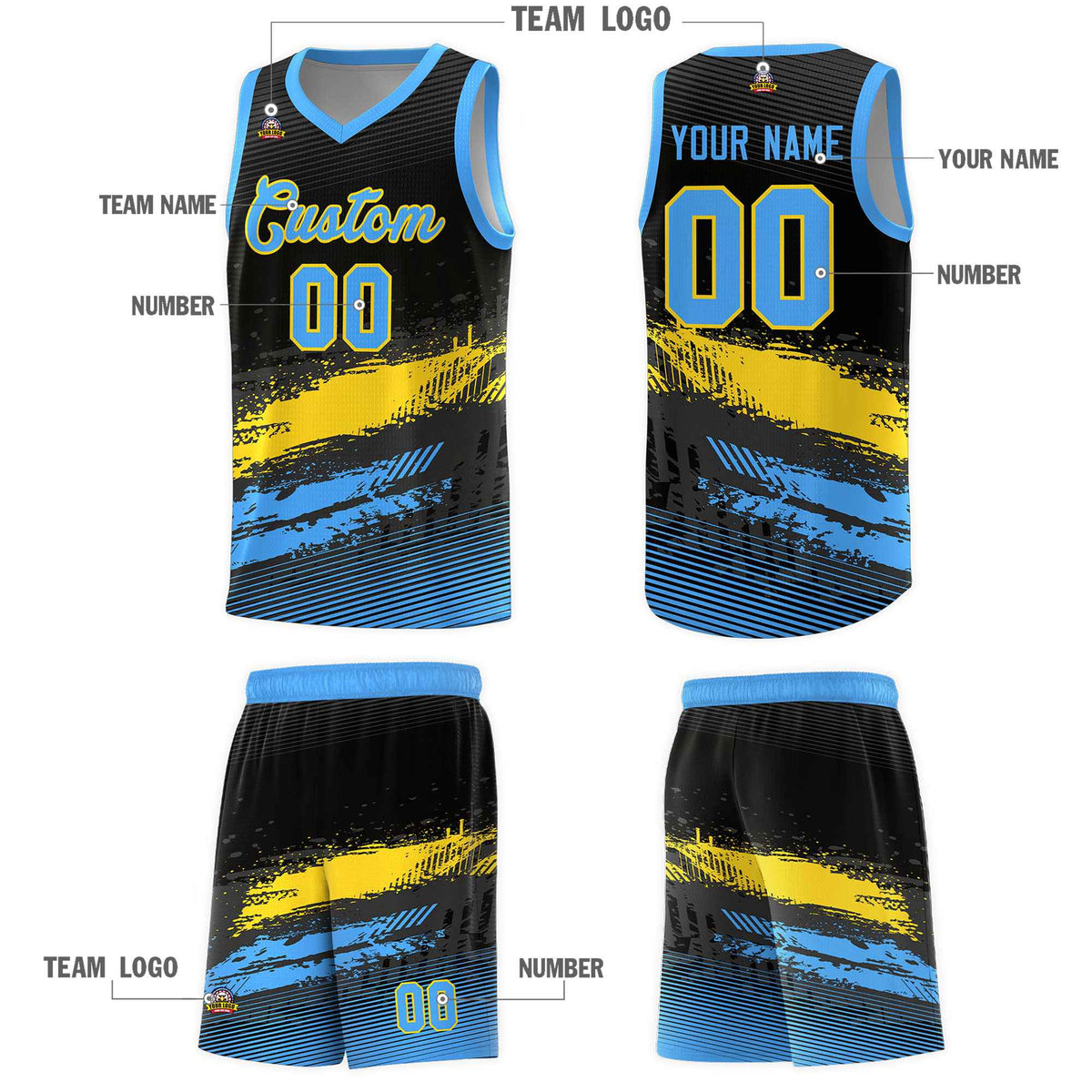Custom Black Gold and Powder Blue Graffiti Pattern Sports Uniform Basketball Jersey|KXKSHOP