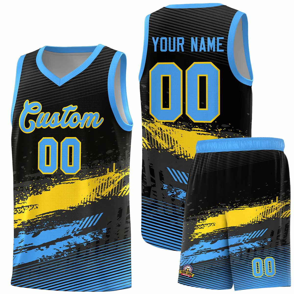 Custom Black Gold and Powder Blue Graffiti Pattern Sports Uniform Basketball Jersey|KXKSHOP