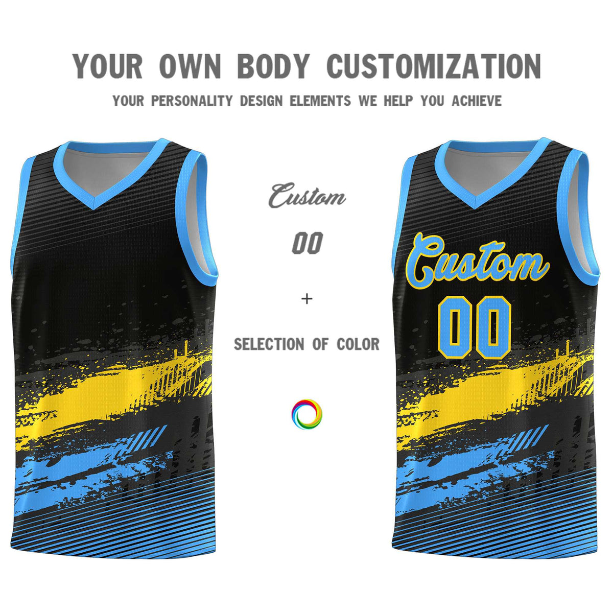 Custom Black Gold and Powder Blue Graffiti Pattern Sports Uniform Basketball Jersey|KXKSHOP