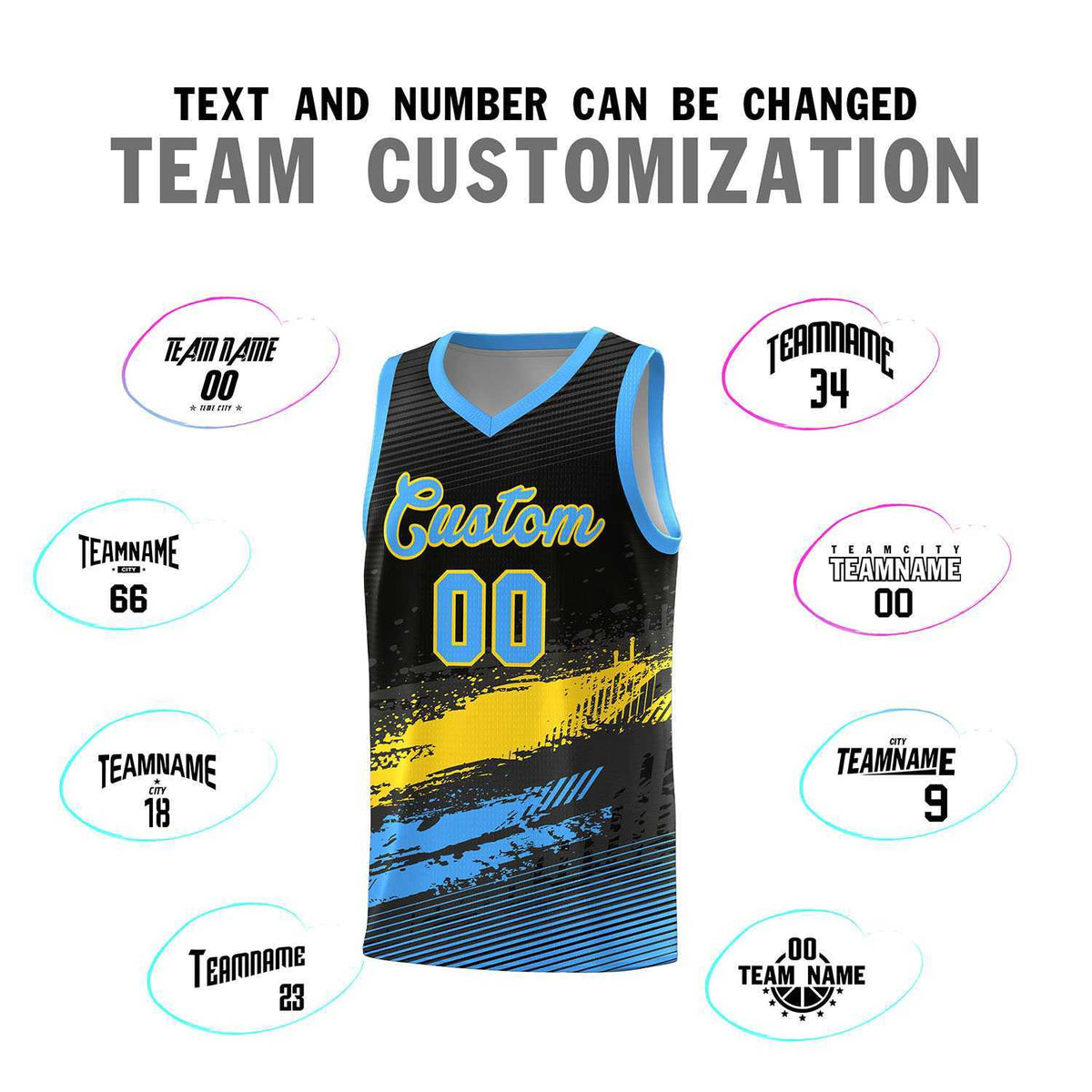Custom Black Gold and Powder Blue Graffiti Pattern Sports Uniform Basketball Jersey|KXKSHOP