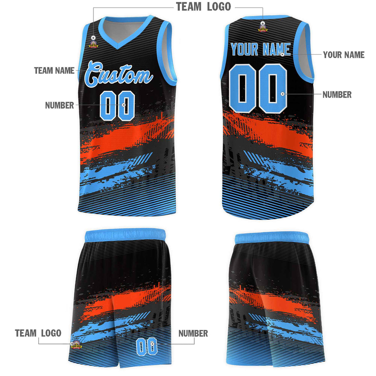 Custom Black Orange and Powder Blue Graffiti Pattern Sports Uniform Basketball Jersey|KXKSHOP