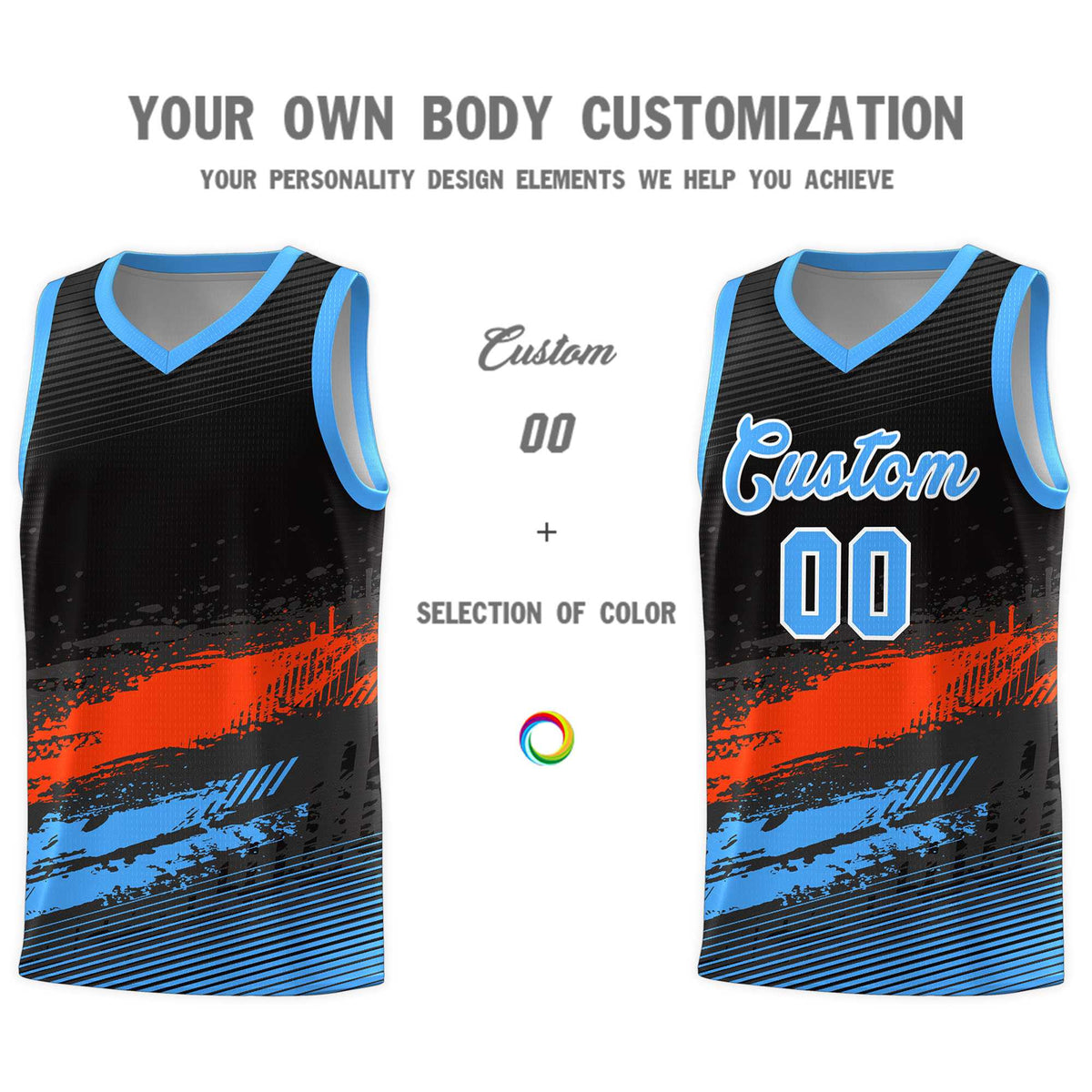 Custom Black Orange and Powder Blue Graffiti Pattern Sports Uniform Basketball Jersey|KXKSHOP