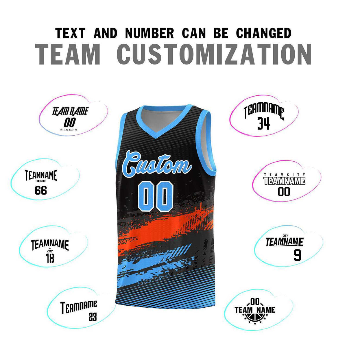Custom Black Orange and Powder Blue Graffiti Pattern Sports Uniform Basketball Jersey|KXKSHOP