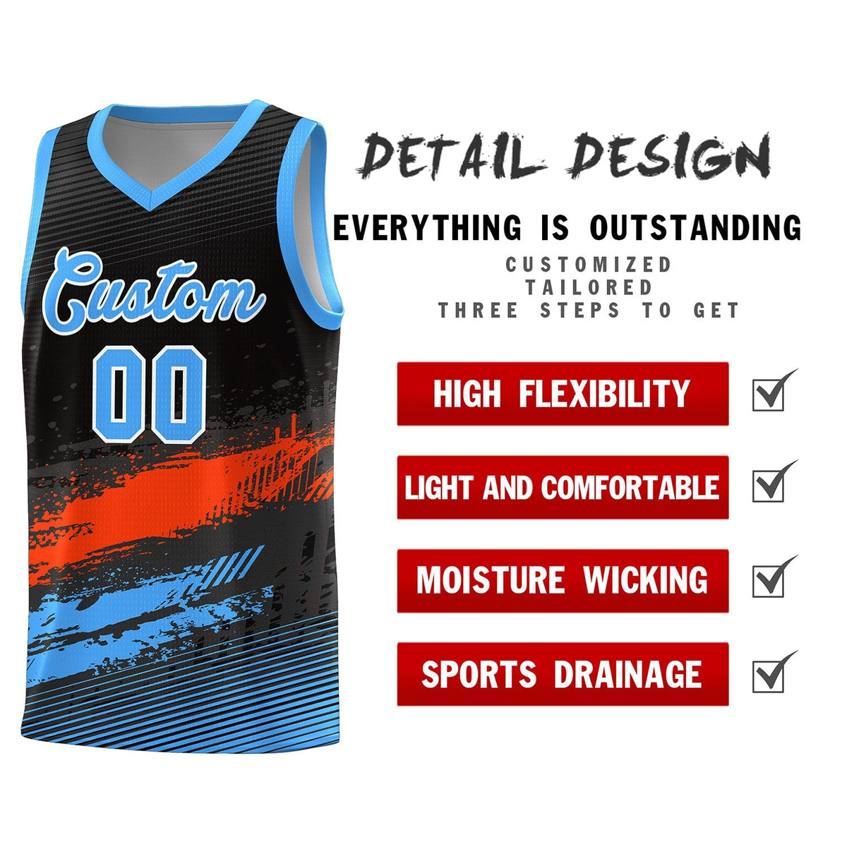 Custom Black Orange and Powder Blue Graffiti Pattern Sports Uniform Basketball Jersey|KXKSHOP
