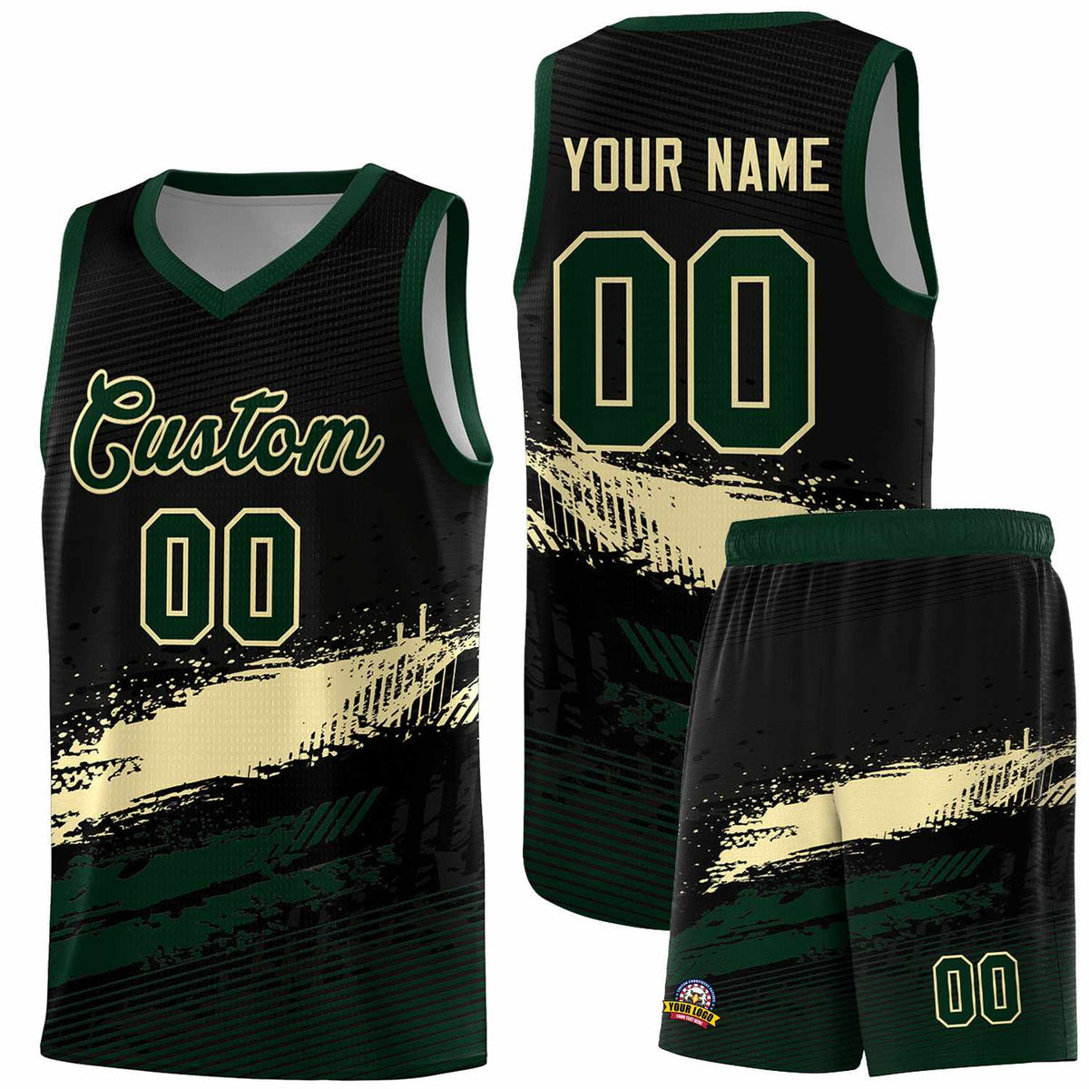 Custom Black Cream and Hunter Green Graffiti Pattern Sports Uniform Basketball Jersey|KXKSHOP