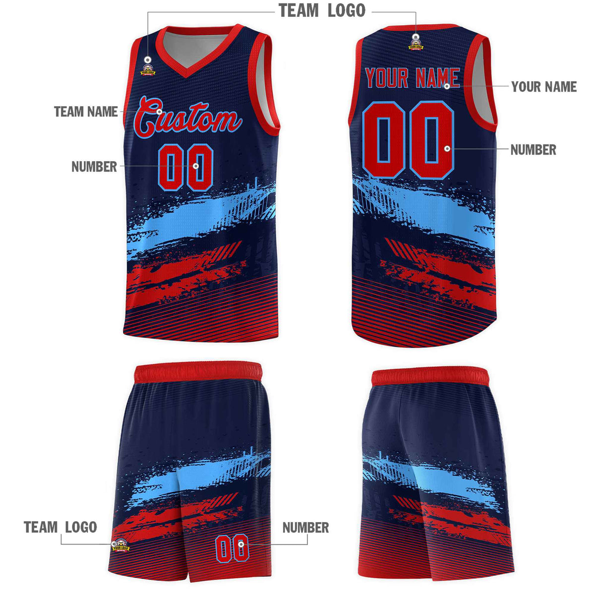 Custom Navy Powder Blue and Red Graffiti Pattern Sports Uniform Basketball Jersey|KXKSHOP