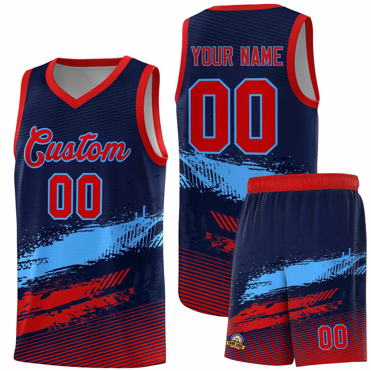 Custom Navy Powder Blue and Red Graffiti Pattern Sports Uniform Basketball Jersey|KXKSHOP