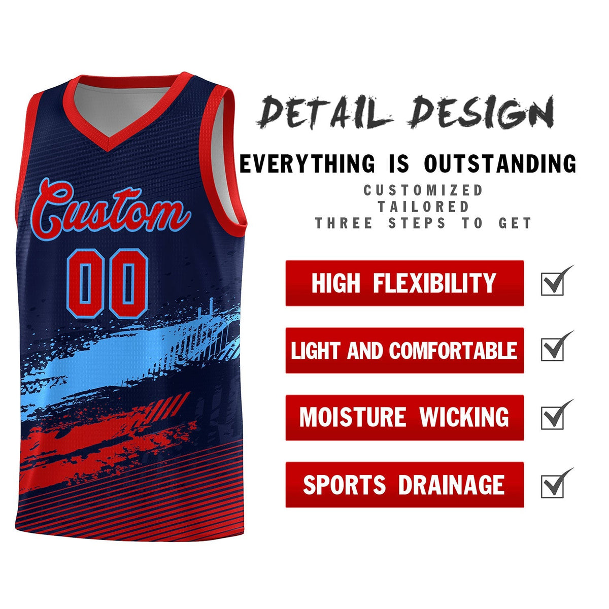 Custom Navy Powder Blue and Red Graffiti Pattern Sports Uniform Basketball Jersey|KXKSHOP