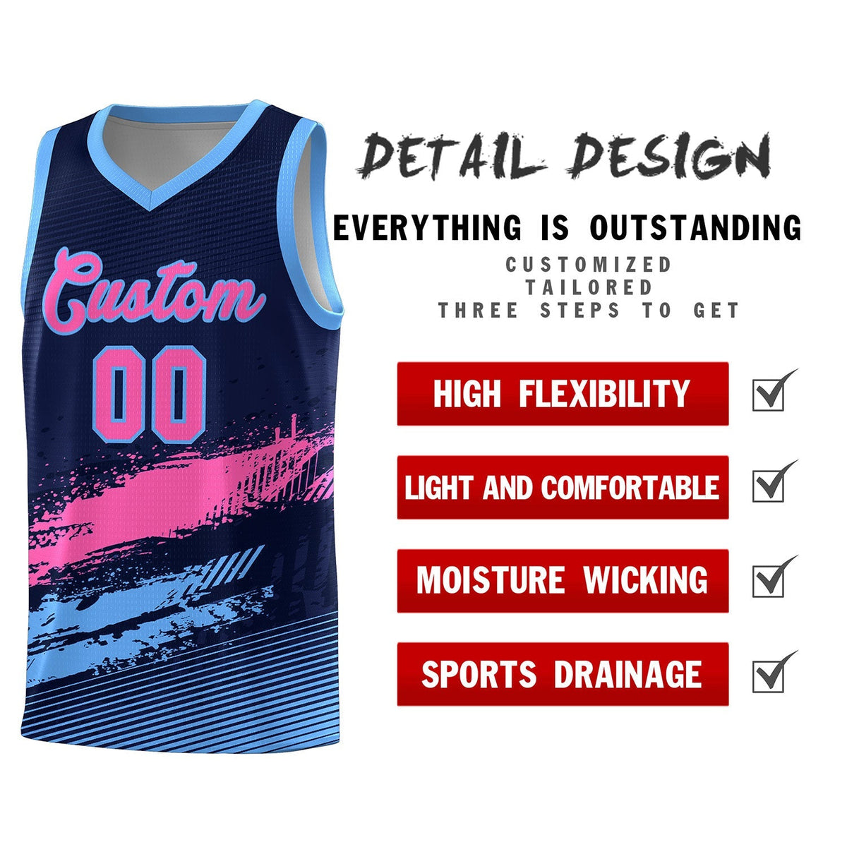 Custom Navy Pink and Powder Blue Graffiti Pattern Sports Uniform Basketball Jersey|KXKSHOP