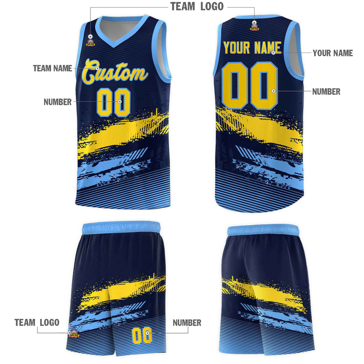 Custom Navy Gold and Powder Blue Graffiti Pattern Sports Uniform Basketball Jersey|KXKSHOP