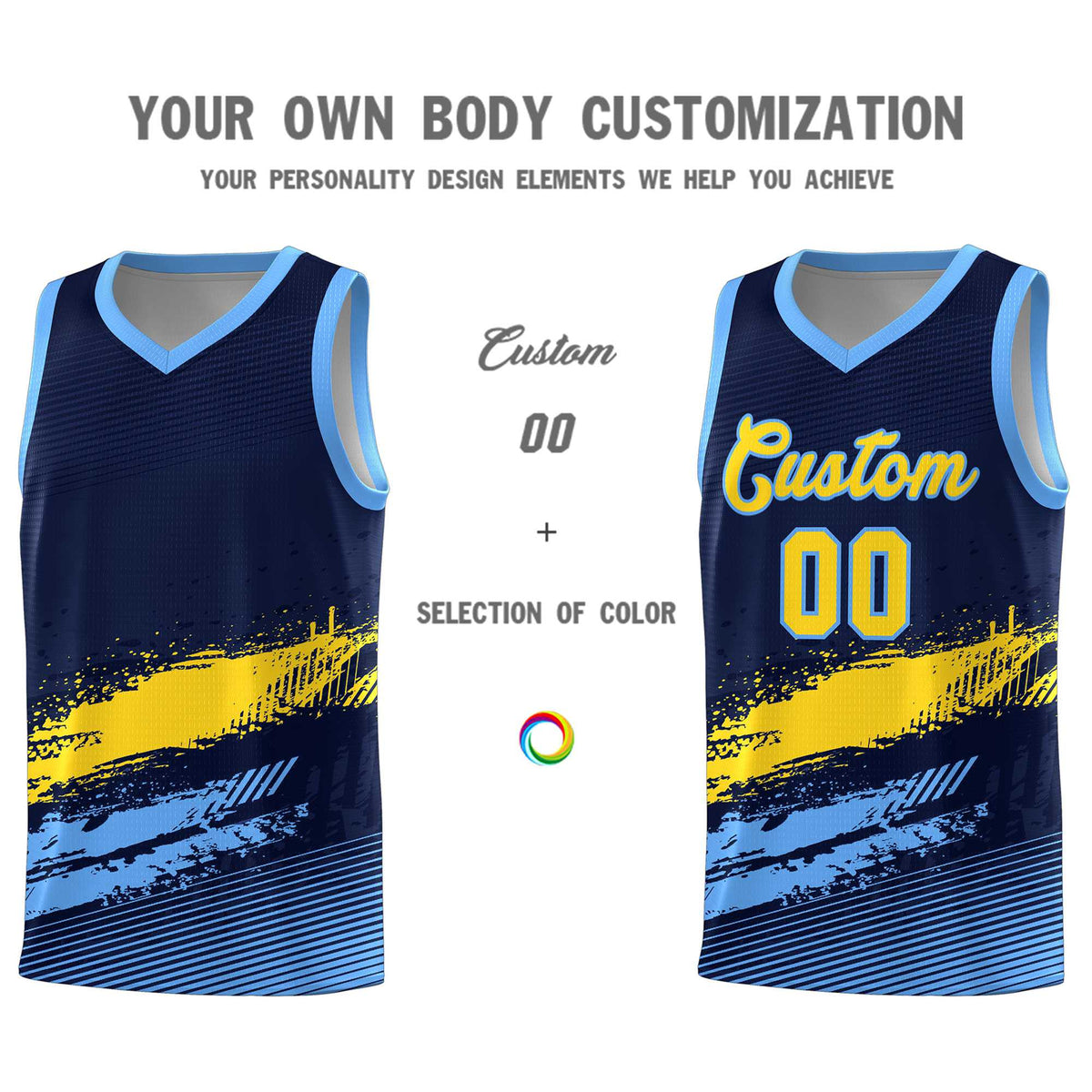 Custom Navy Gold and Powder Blue Graffiti Pattern Sports Uniform Basketball Jersey|KXKSHOP
