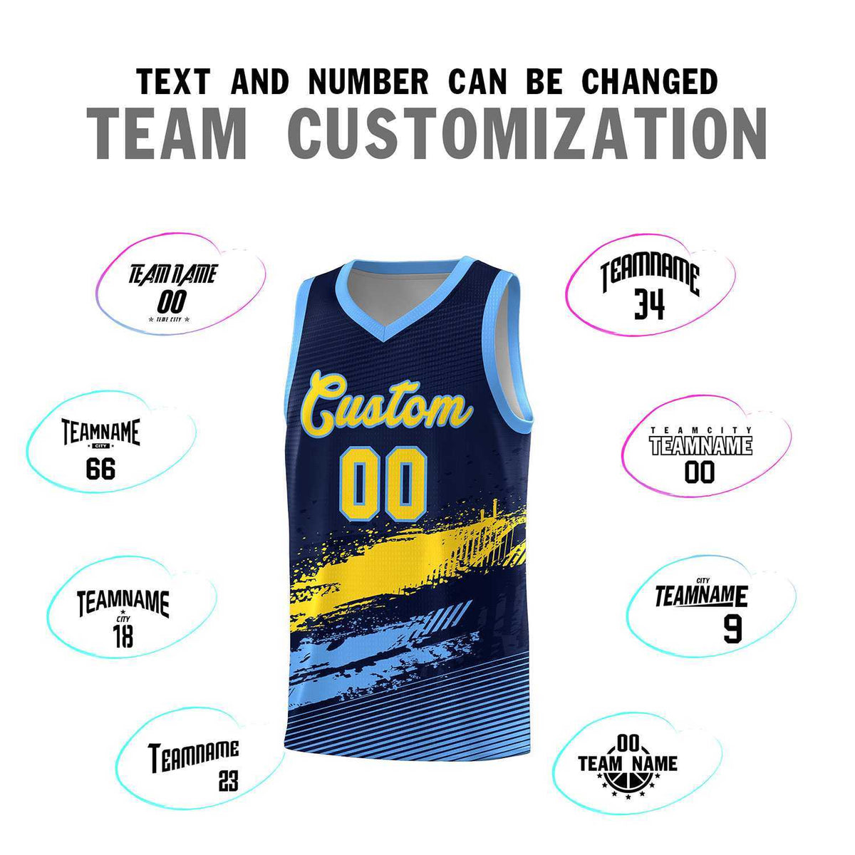Custom Navy Gold and Powder Blue Graffiti Pattern Sports Uniform Basketball Jersey|KXKSHOP
