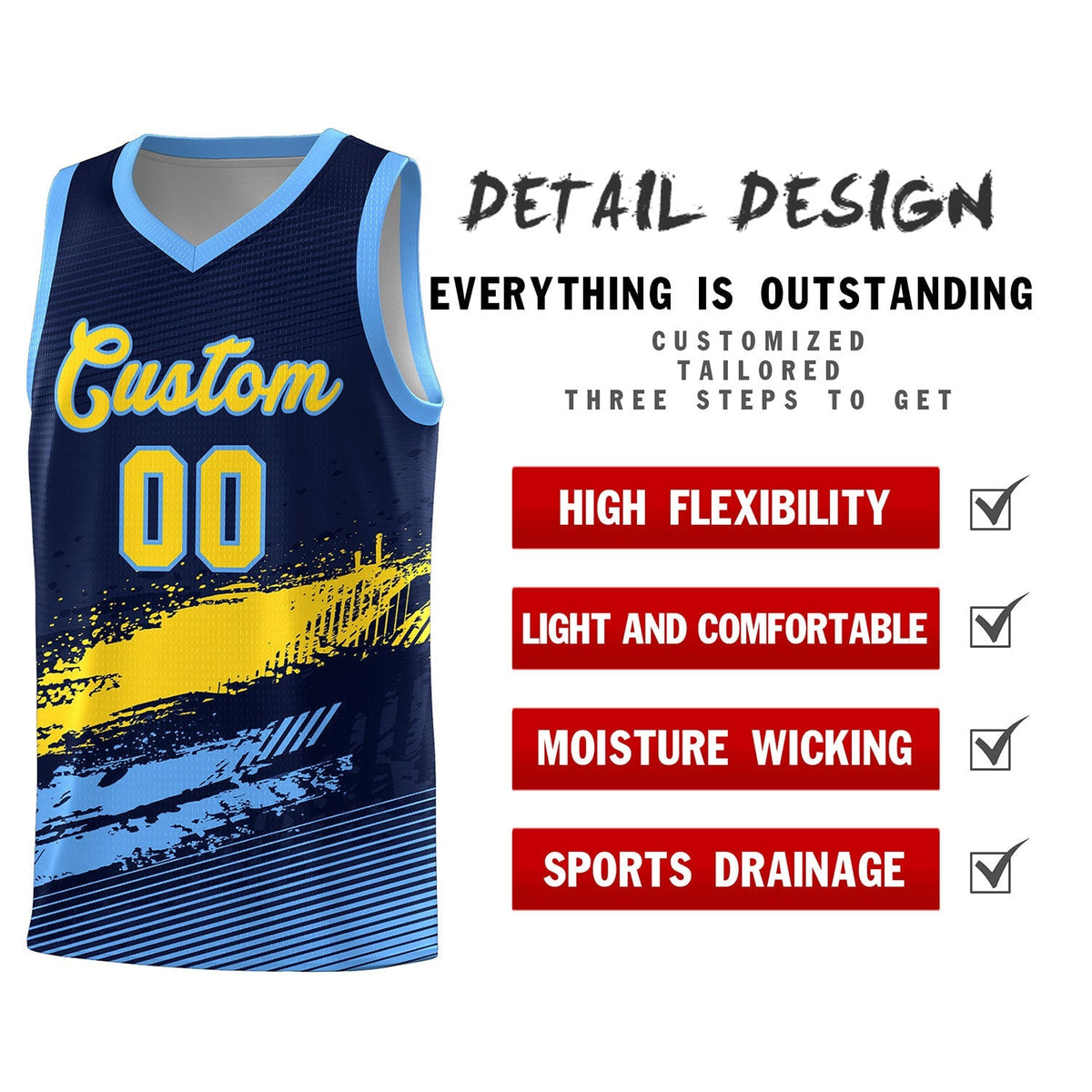 Custom Navy Gold and Powder Blue Graffiti Pattern Sports Uniform Basketball Jersey|KXKSHOP