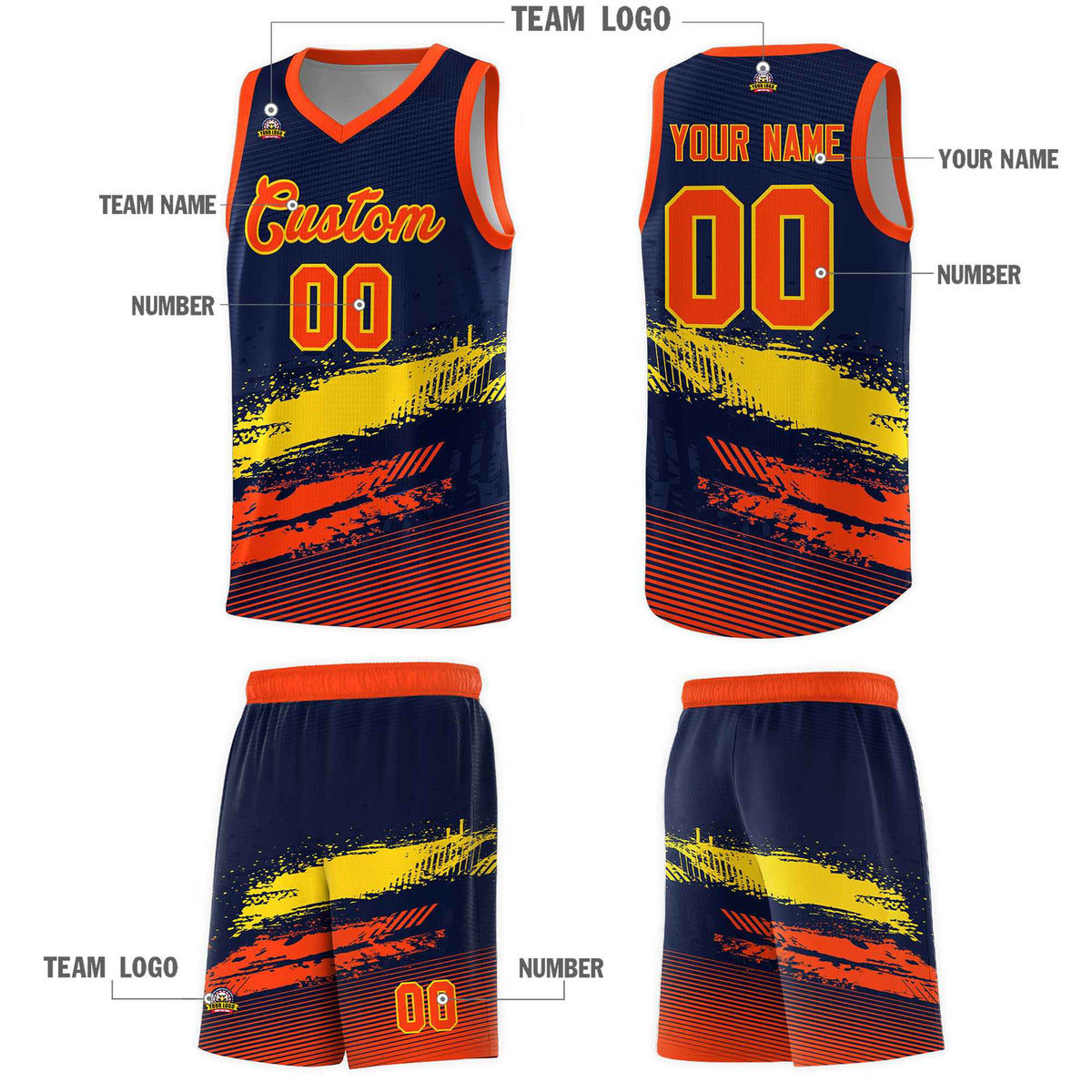 Custom Navy Gold and Orange Graffiti Pattern Sports Uniform Basketball Jersey|KXKSHOP