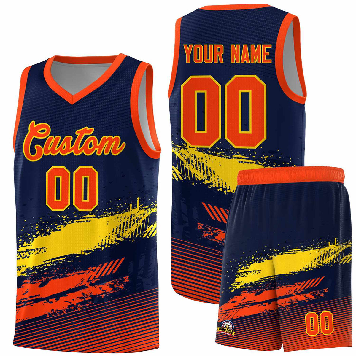Custom Navy Gold and Orange Graffiti Pattern Sports Uniform Basketball Jersey|KXKSHOP