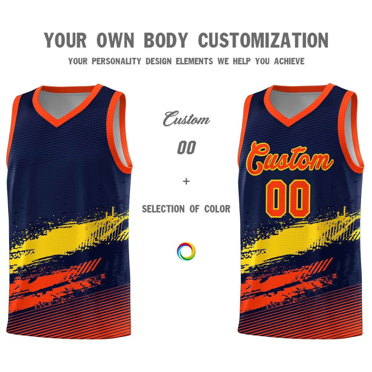 Custom Navy Gold and Orange Graffiti Pattern Sports Uniform Basketball Jersey|KXKSHOP