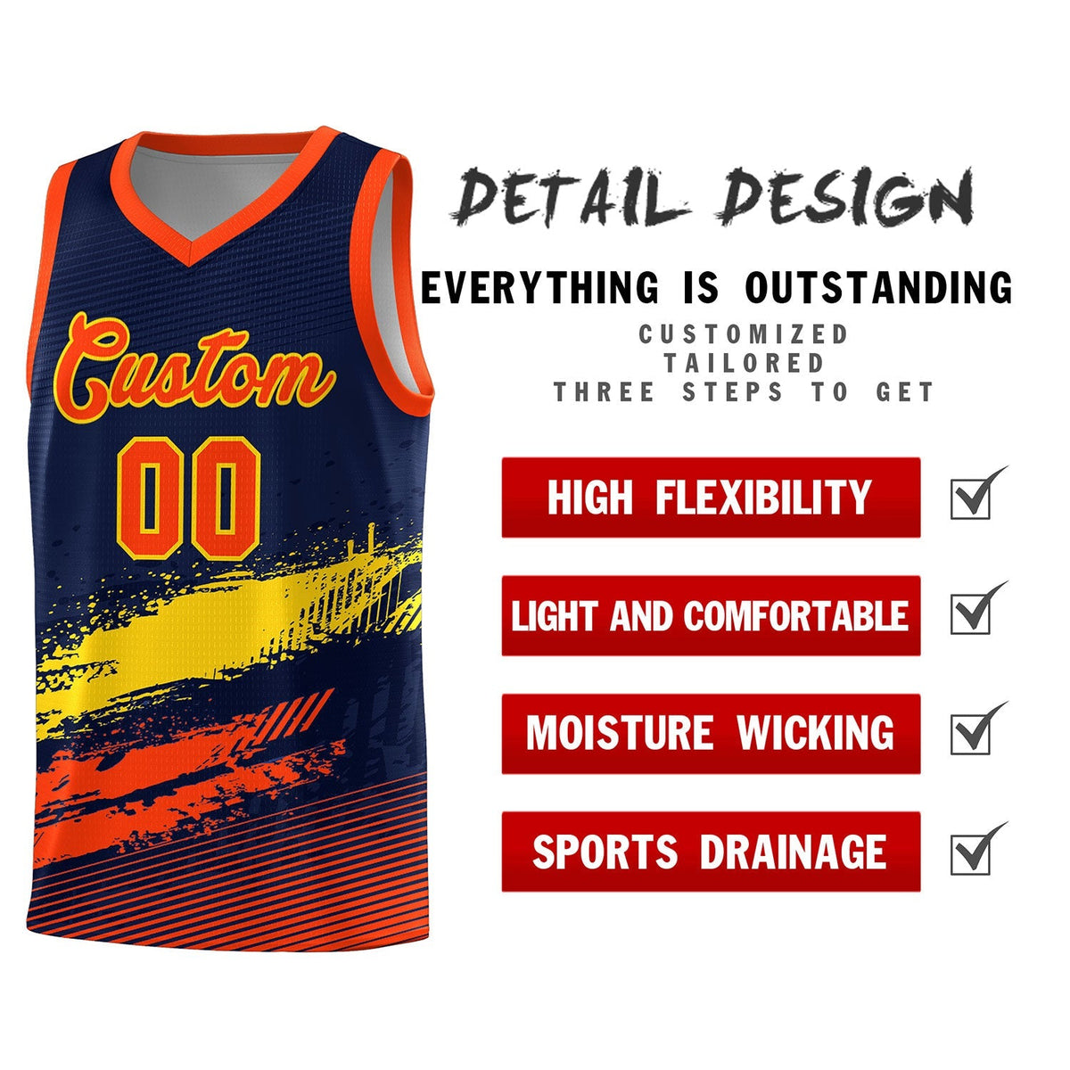Custom Navy Gold and Orange Graffiti Pattern Sports Uniform Basketball Jersey|KXKSHOP