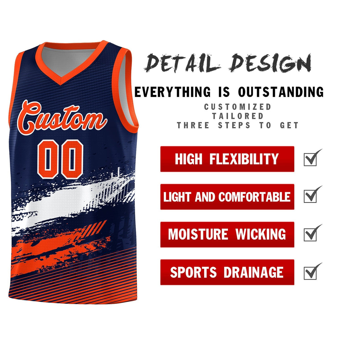 Custom Navy White and Orange Graffiti Pattern Sports Uniform Basketball Jersey|KXKSHOP