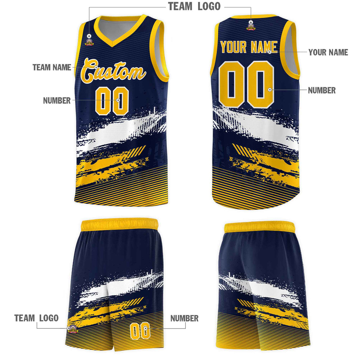 Custom Navy White and Yellow Graffiti Pattern Sports Uniform Basketball Jersey|KXKSHOP