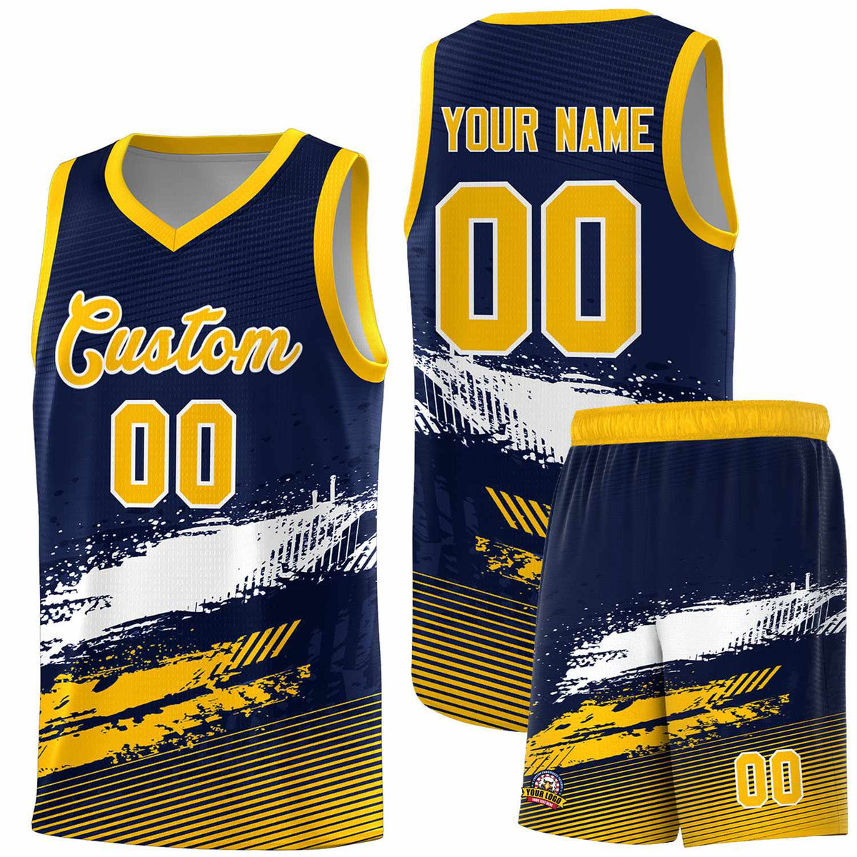 Custom Navy White and Yellow Graffiti Pattern Sports Uniform Basketball Jersey|KXKSHOP