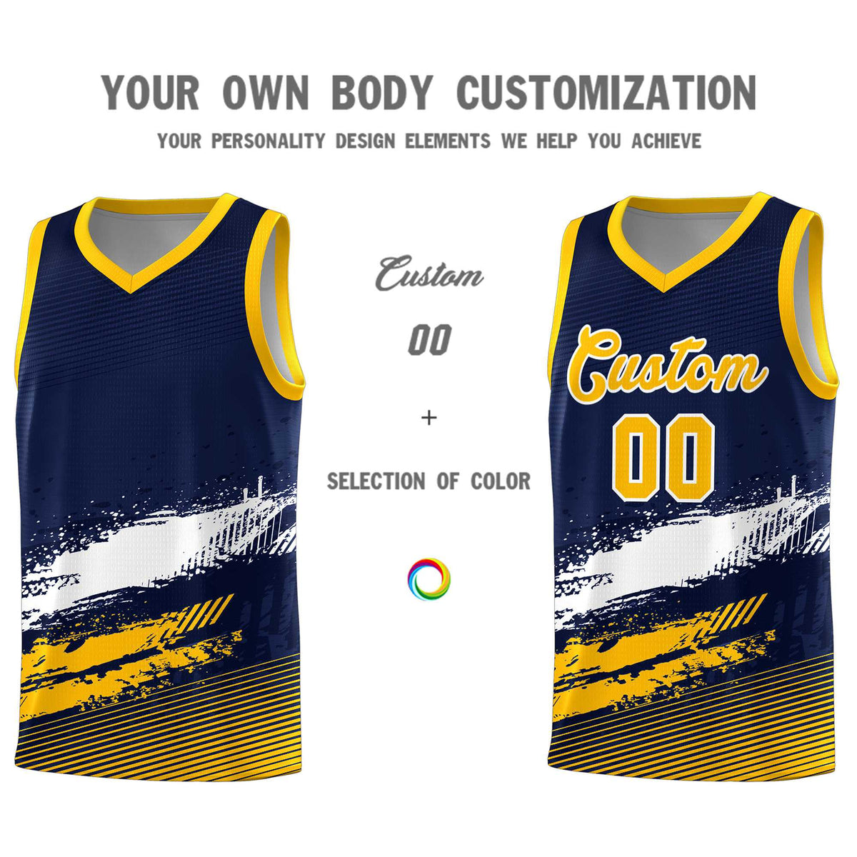 Custom Navy White and Yellow Graffiti Pattern Sports Uniform Basketball Jersey|KXKSHOP