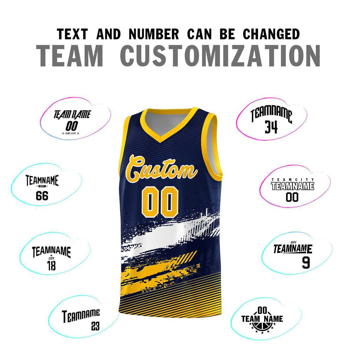 Custom Navy White and Yellow Graffiti Pattern Sports Uniform Basketball Jersey|KXKSHOP