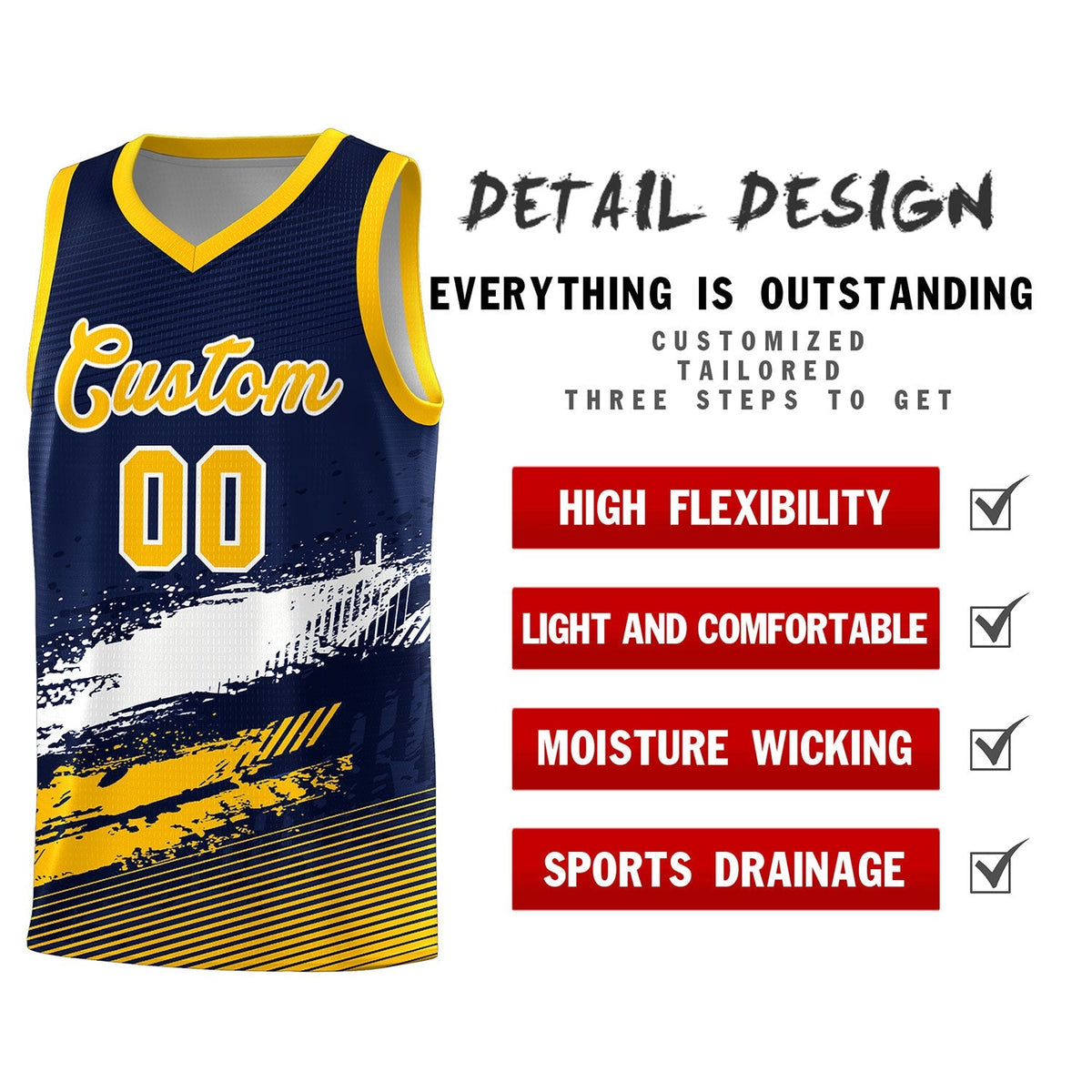 Custom Navy White and Yellow Graffiti Pattern Sports Uniform Basketball Jersey|KXKSHOP