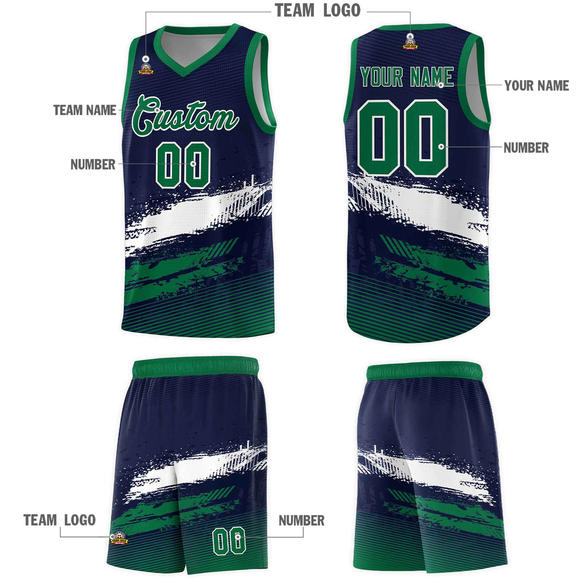 Custom Navy White and Kelly Green Graffiti Pattern Sports Uniform Basketball Jersey|KXKSHOP
