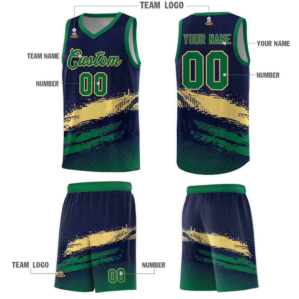 Custom Navy Khaki and Kelly Green Graffiti Pattern Sports Uniform Basketball Jersey|KXKSHOP
