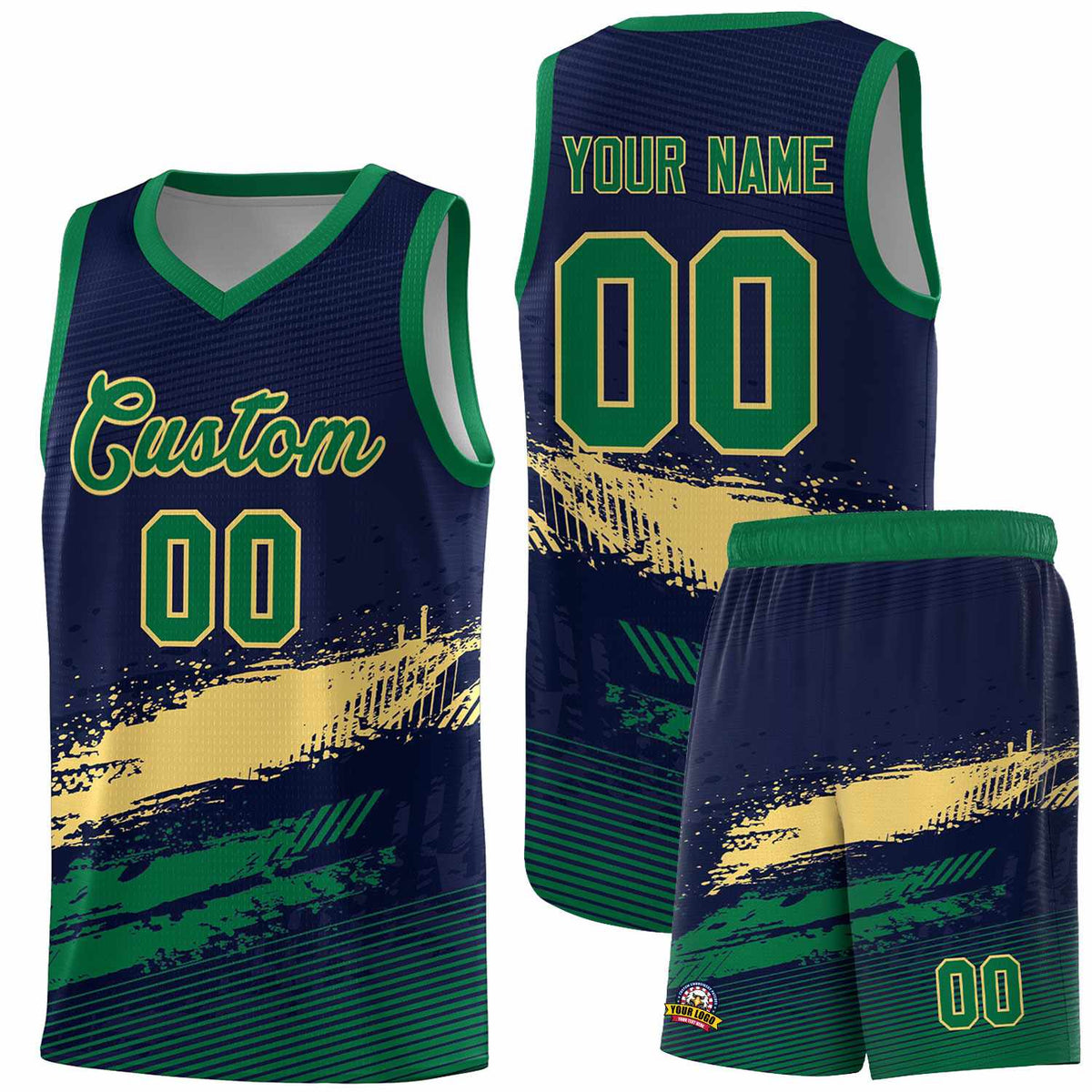 Custom Navy Khaki and Kelly Green Graffiti Pattern Sports Uniform Basketball Jersey|KXKSHOP