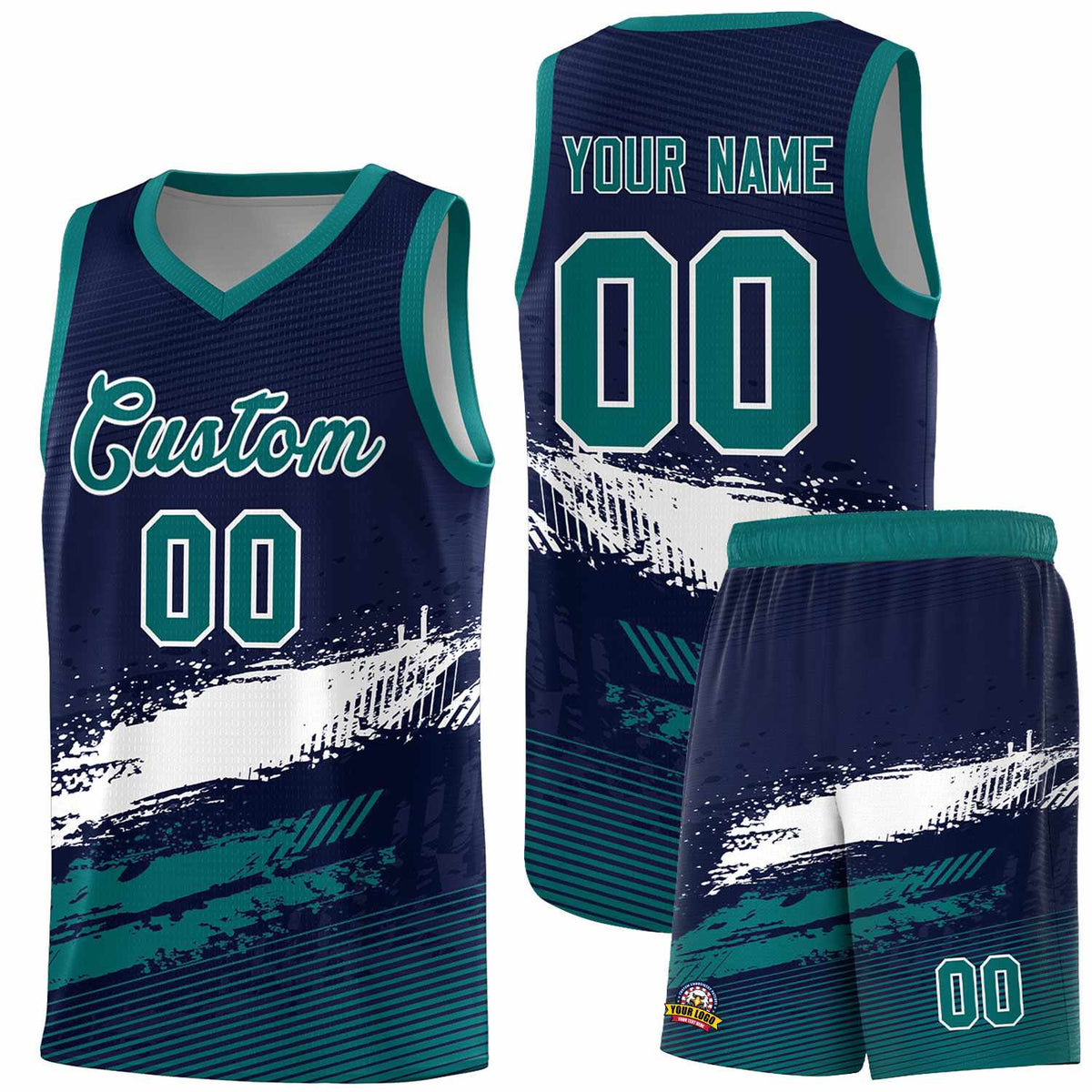 Custom Navy White and Aqua Graffiti Pattern Sports Uniform Basketball Jersey|KXKSHOP