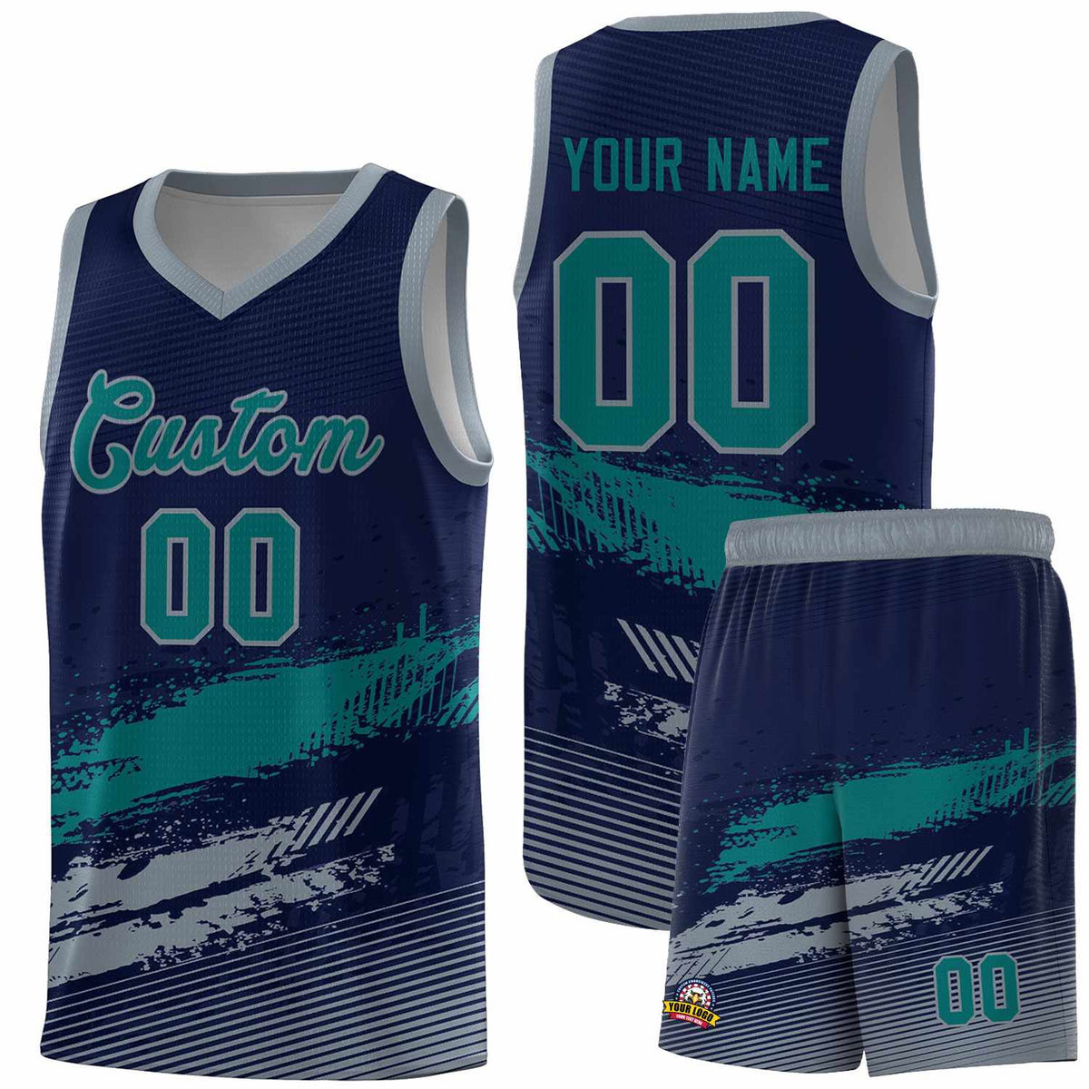 Custom Navy Aqua and Gray Graffiti Pattern Sports Uniform Basketball Jersey|KXKSHOP