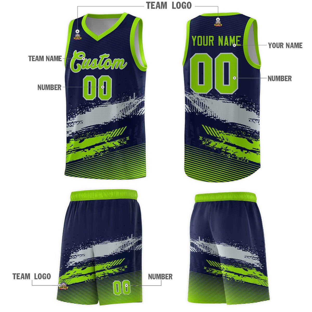 Custom Navy Gray and Neon Green Graffiti Pattern Sports Uniform Basketball Jersey|KXKSHOP