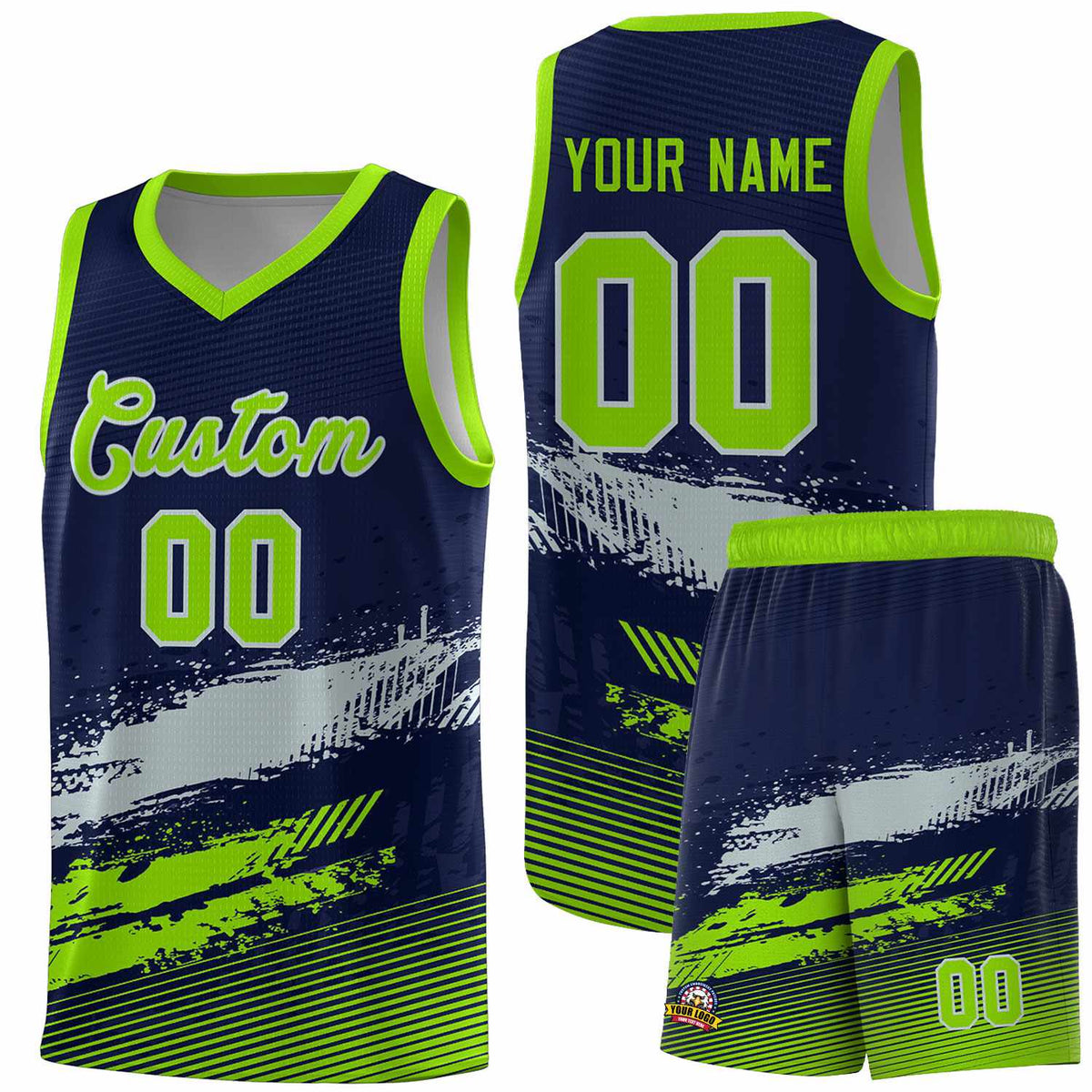 Custom Navy Gray and Neon Green Graffiti Pattern Sports Uniform Basketball Jersey|KXKSHOP