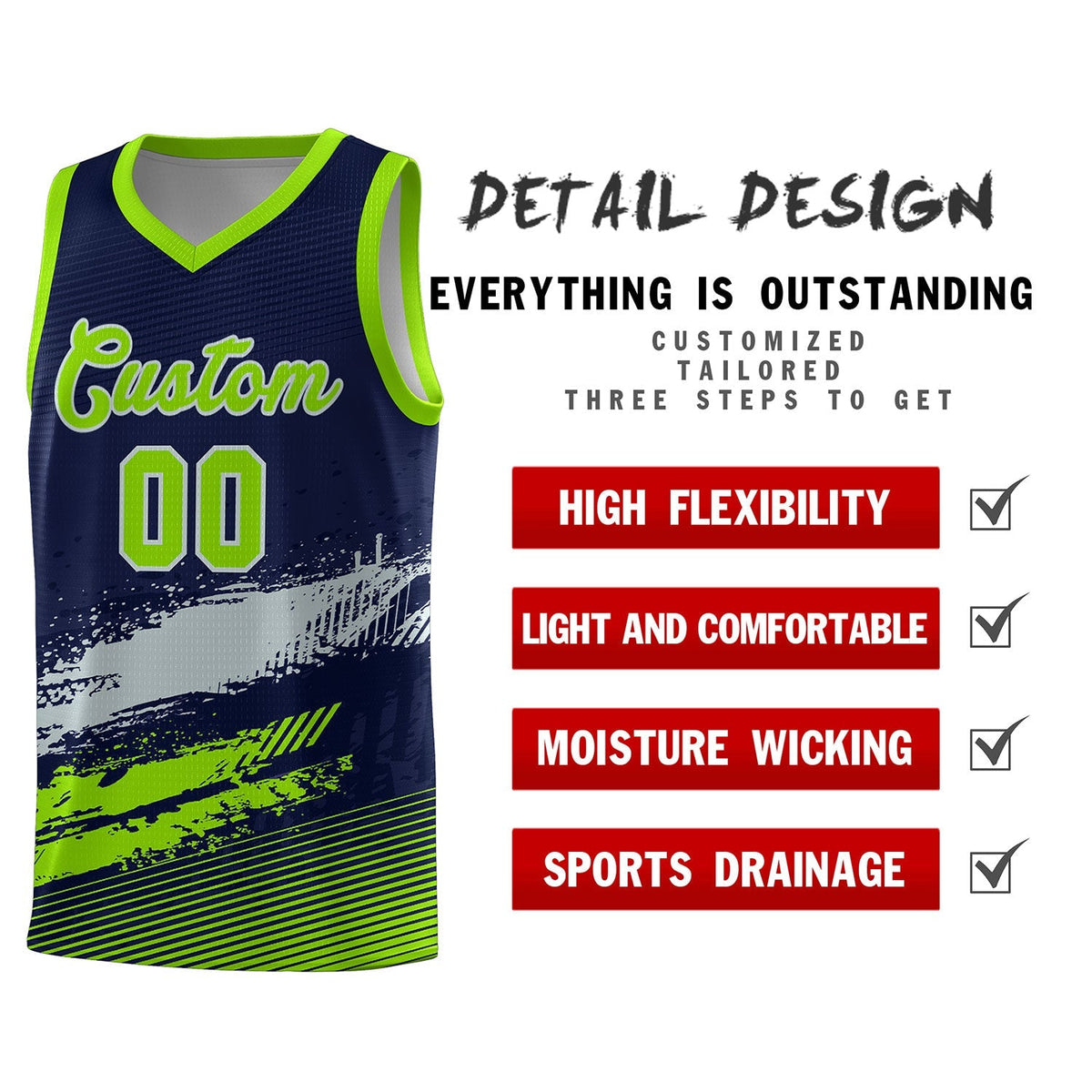 Custom Navy Gray and Neon Green Graffiti Pattern Sports Uniform Basketball Jersey|KXKSHOP