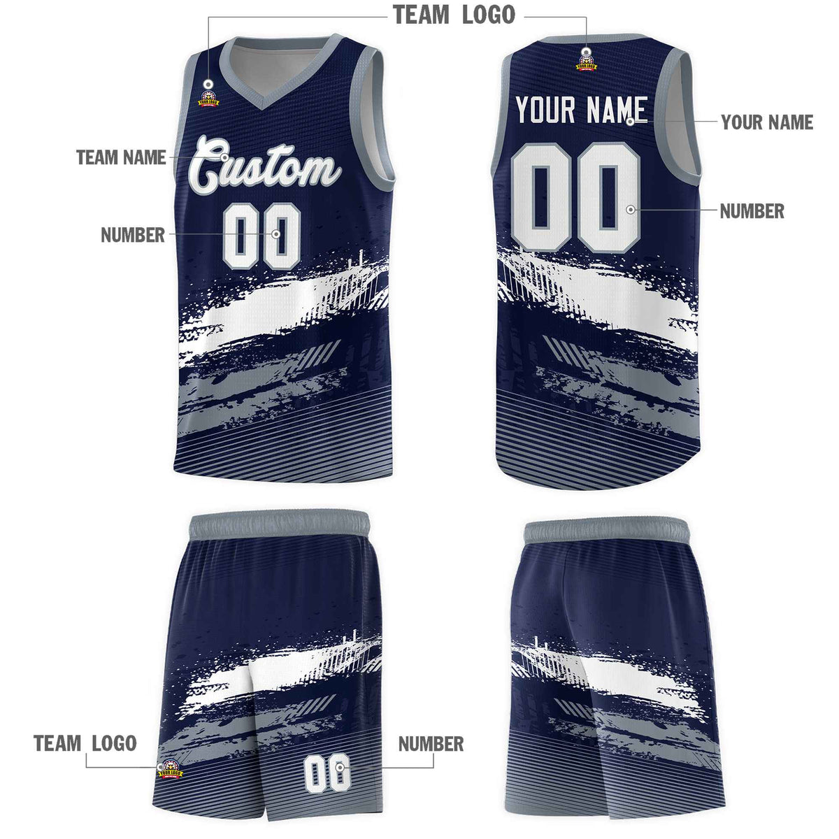 Custom Navy White and Gray Graffiti Pattern Sports Uniform Basketball Jersey|KXKSHOP