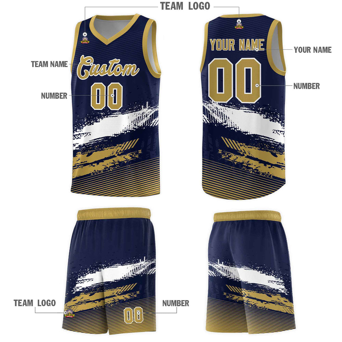 Custom Navy White and Old Gold Graffiti Pattern Sports Uniform Basketball Jersey|KXKSHOP