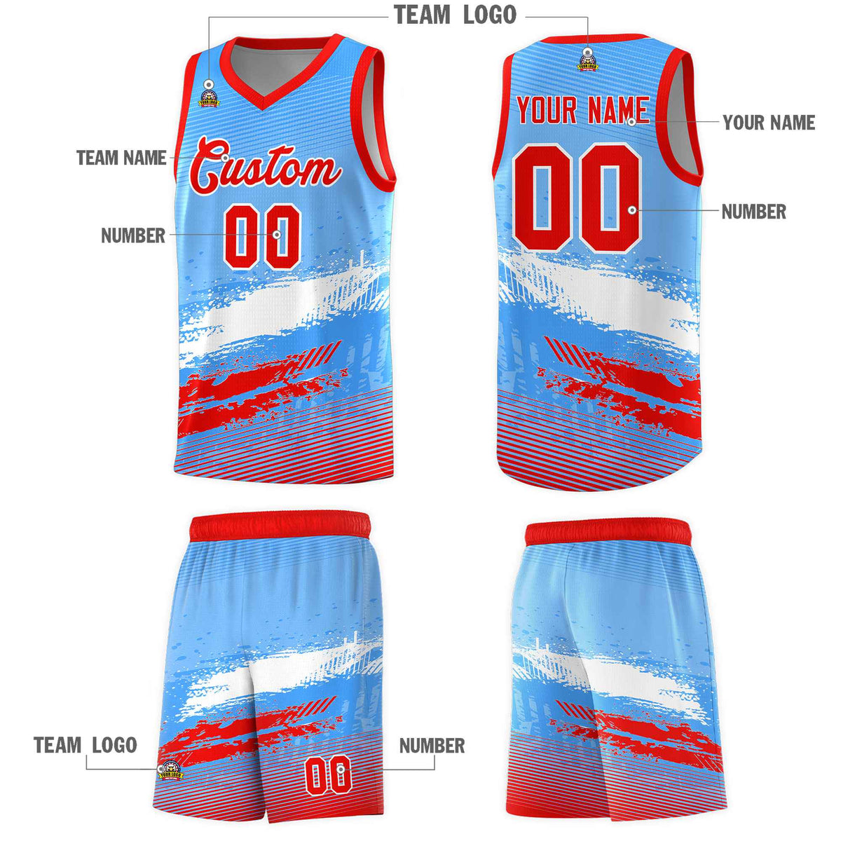 Custom Powder Blue White and Red Graffiti Pattern Sports Uniform Basketball Jersey|KXKSHOP