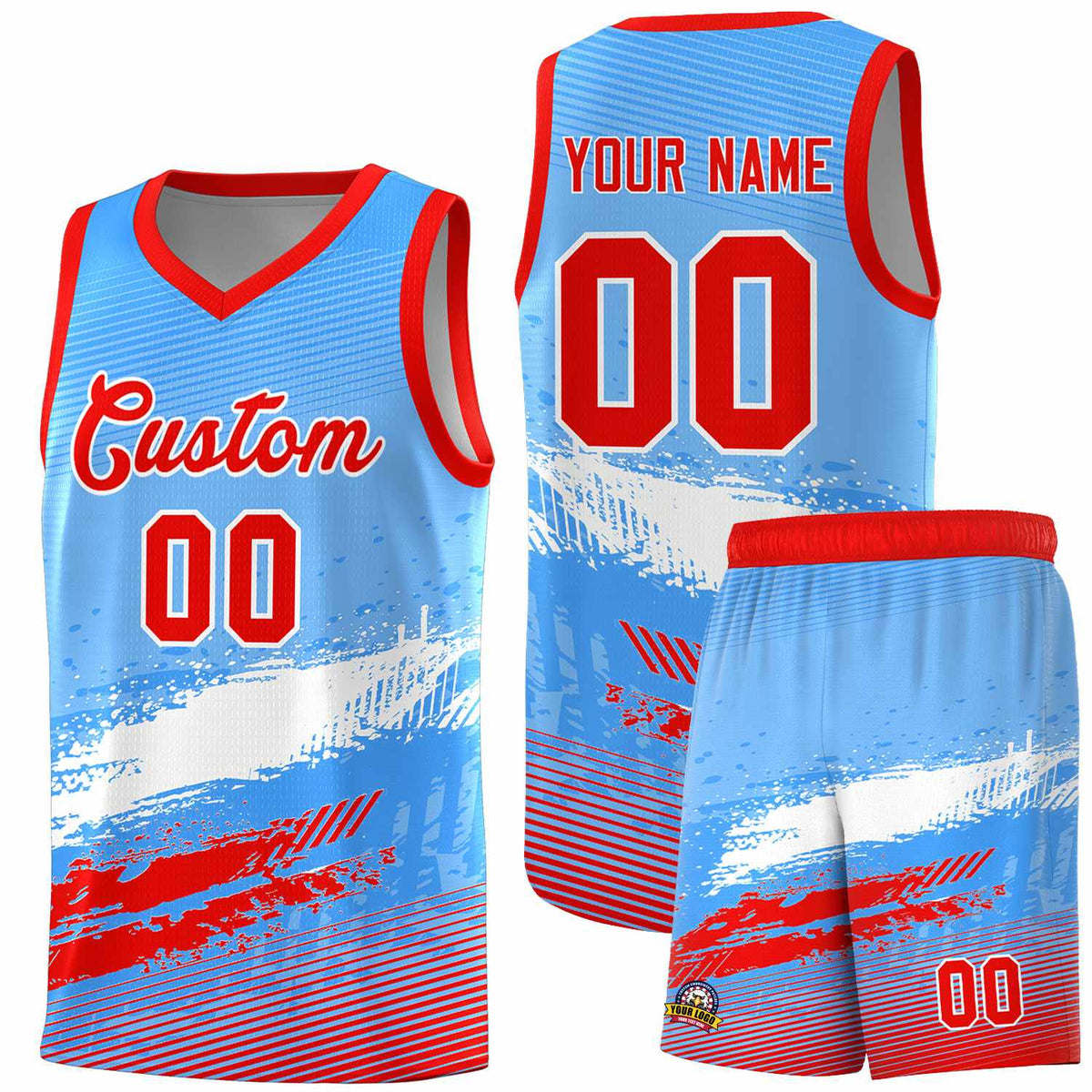 Custom Powder Blue White and Red Graffiti Pattern Sports Uniform Basketball Jersey|KXKSHOP