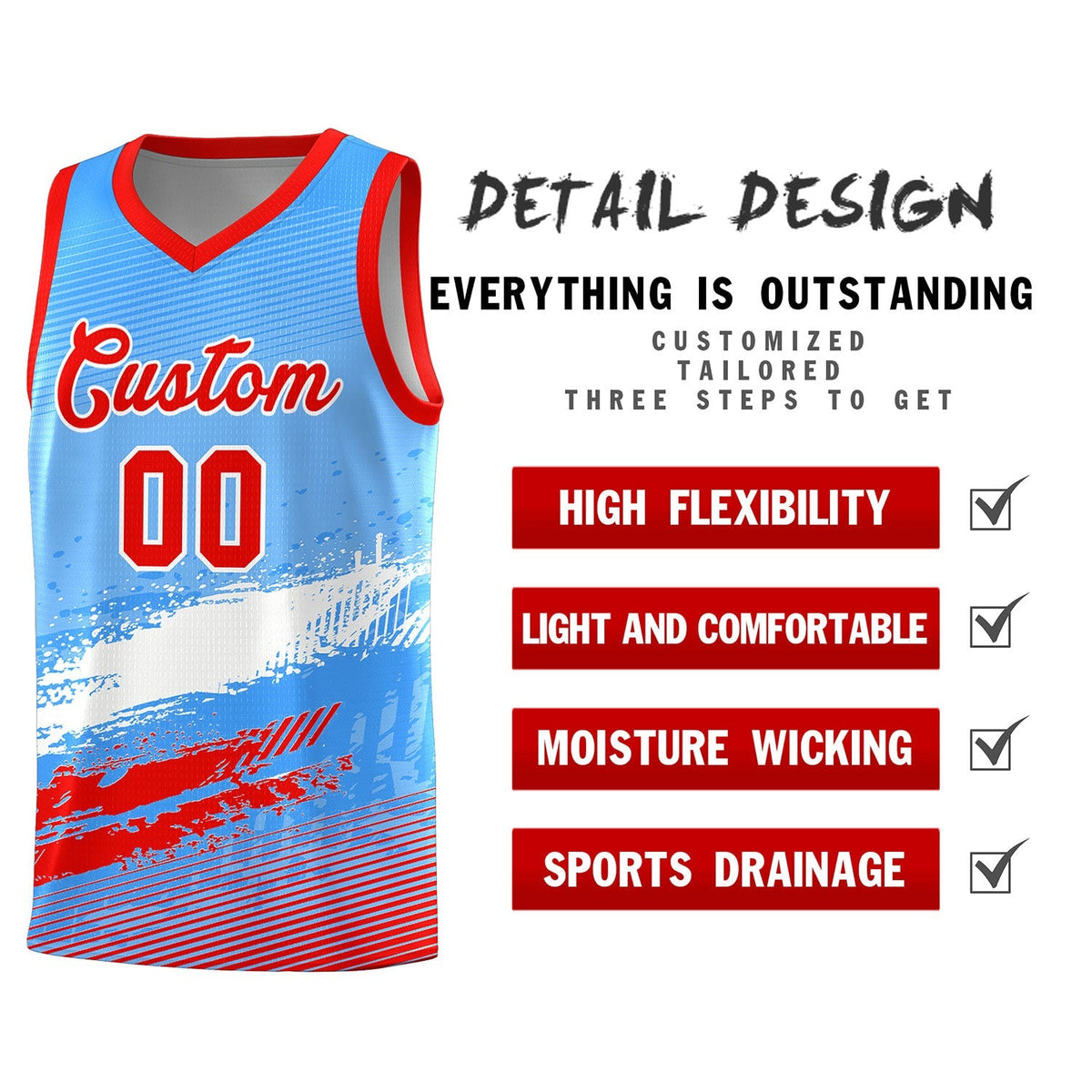 Custom Powder Blue White and Red Graffiti Pattern Sports Uniform Basketball Jersey|KXKSHOP