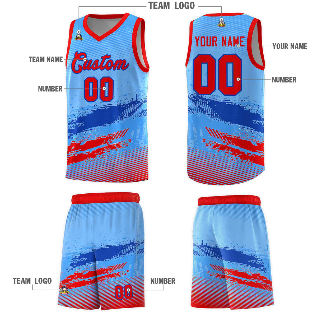 Custom Powder Blue Royal and Red Graffiti Pattern Sports Uniform Basketball Jersey|KXKSHOP