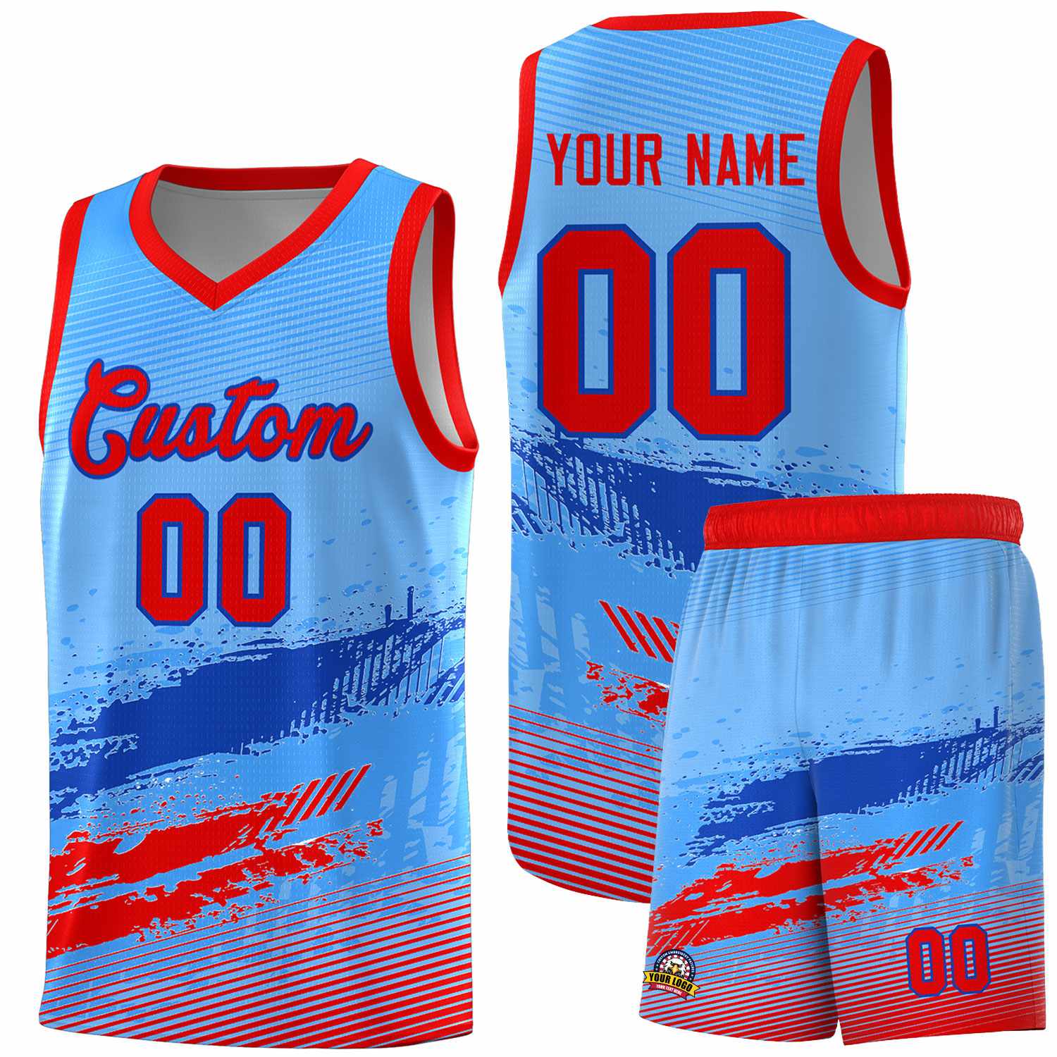 Custom Powder Blue Royal and Red Graffiti Pattern Sports Uniform Basketball Jersey|KXKSHOP