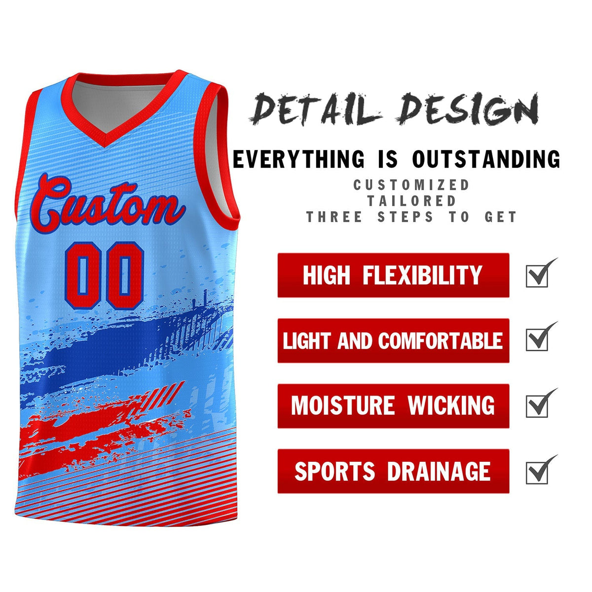 Custom Powder Blue Royal and Red Graffiti Pattern Sports Uniform Basketball Jersey|KXKSHOP