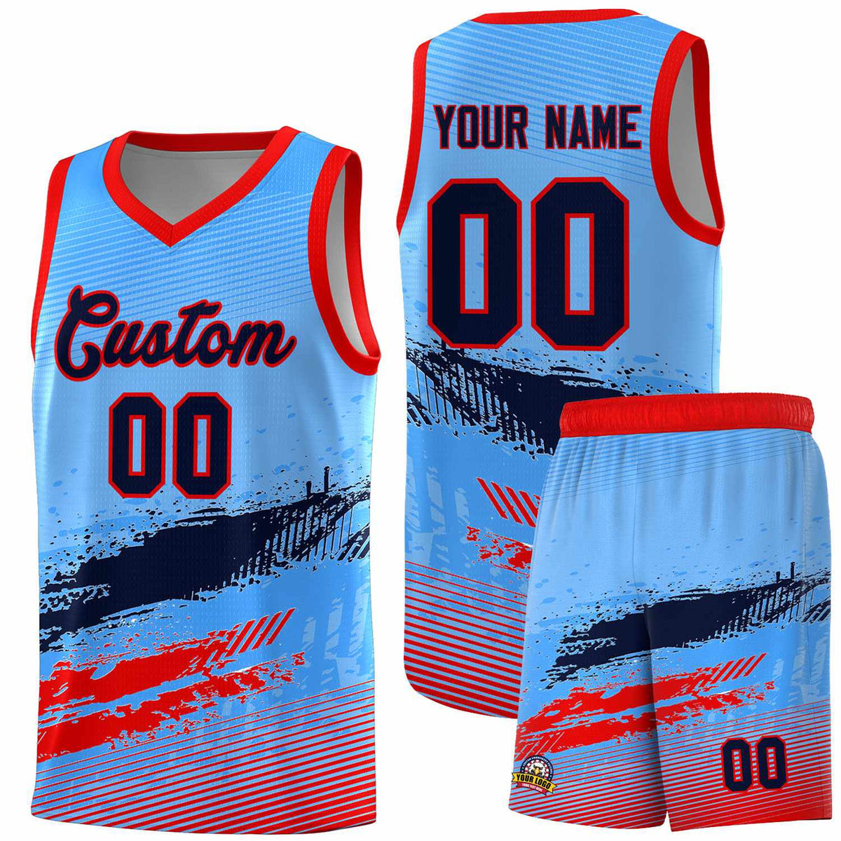 Custom Powder Blue Navy and Red Graffiti Pattern Sports Uniform Basketball Jersey|KXKSHOP