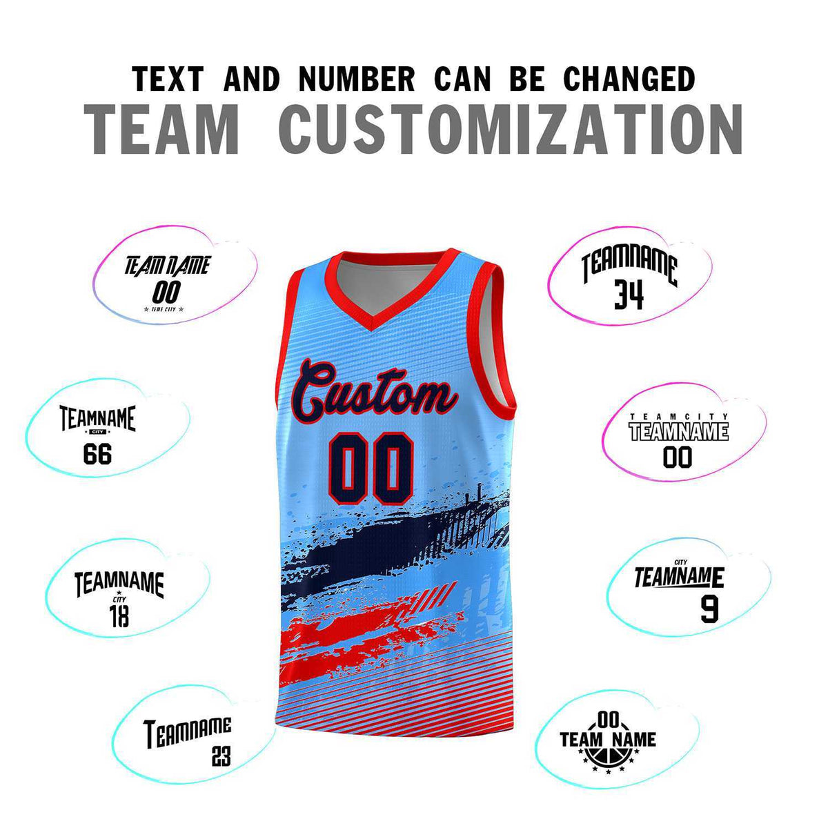 Custom Powder Blue Navy and Red Graffiti Pattern Sports Uniform Basketball Jersey|KXKSHOP