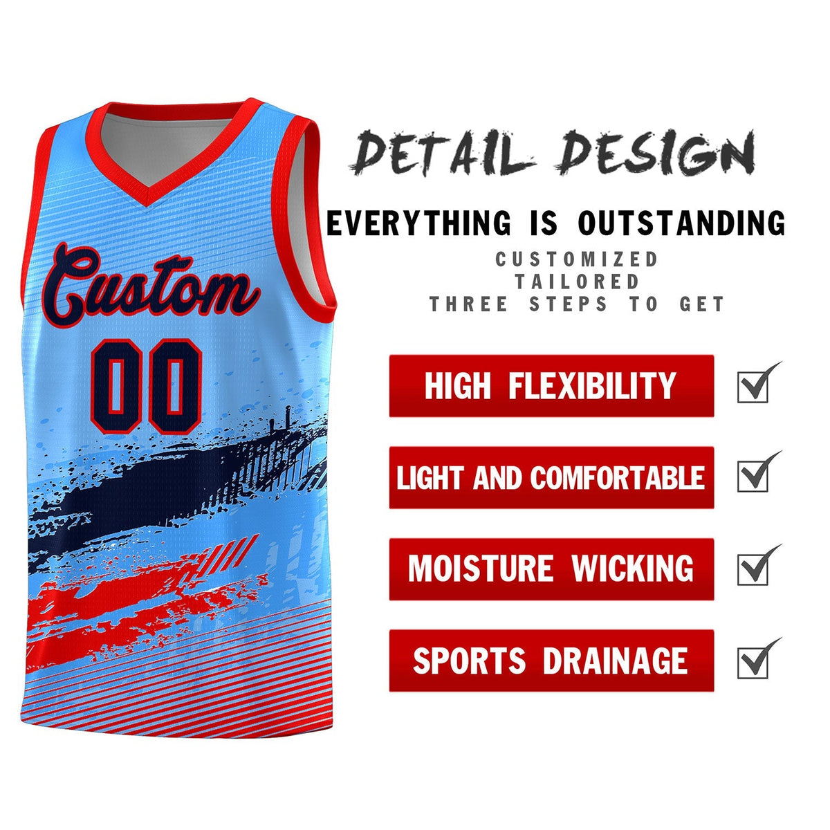 Custom Powder Blue Navy and Red Graffiti Pattern Sports Uniform Basketball Jersey|KXKSHOP